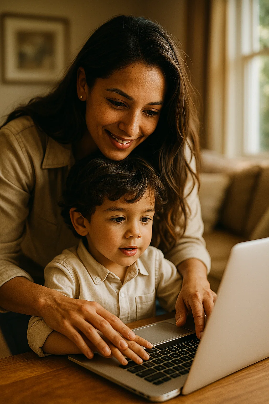Una madre enseñando a su hijo en una computadora, simbolizando el impacto familiar del conocimiento