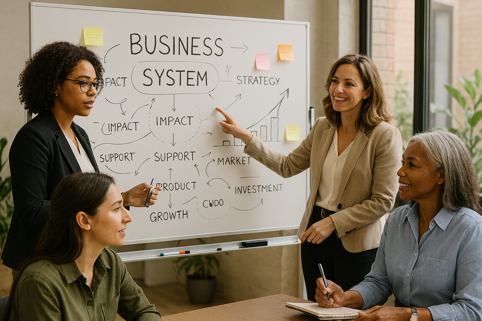 Equipo de mujeres diseñando un sistema de negocios en una pizarra