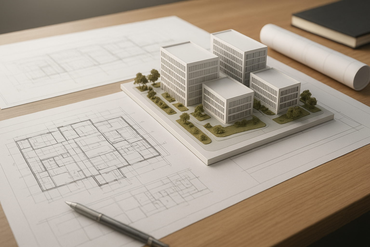 Planos y diagramas de una arquitectura de negocio sobre una mesa de trabajo